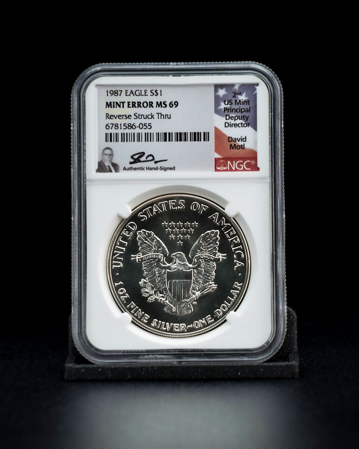 1987 S$1 Eagle | Mint Error MS69 Reverse Struck | David Motl Autographed