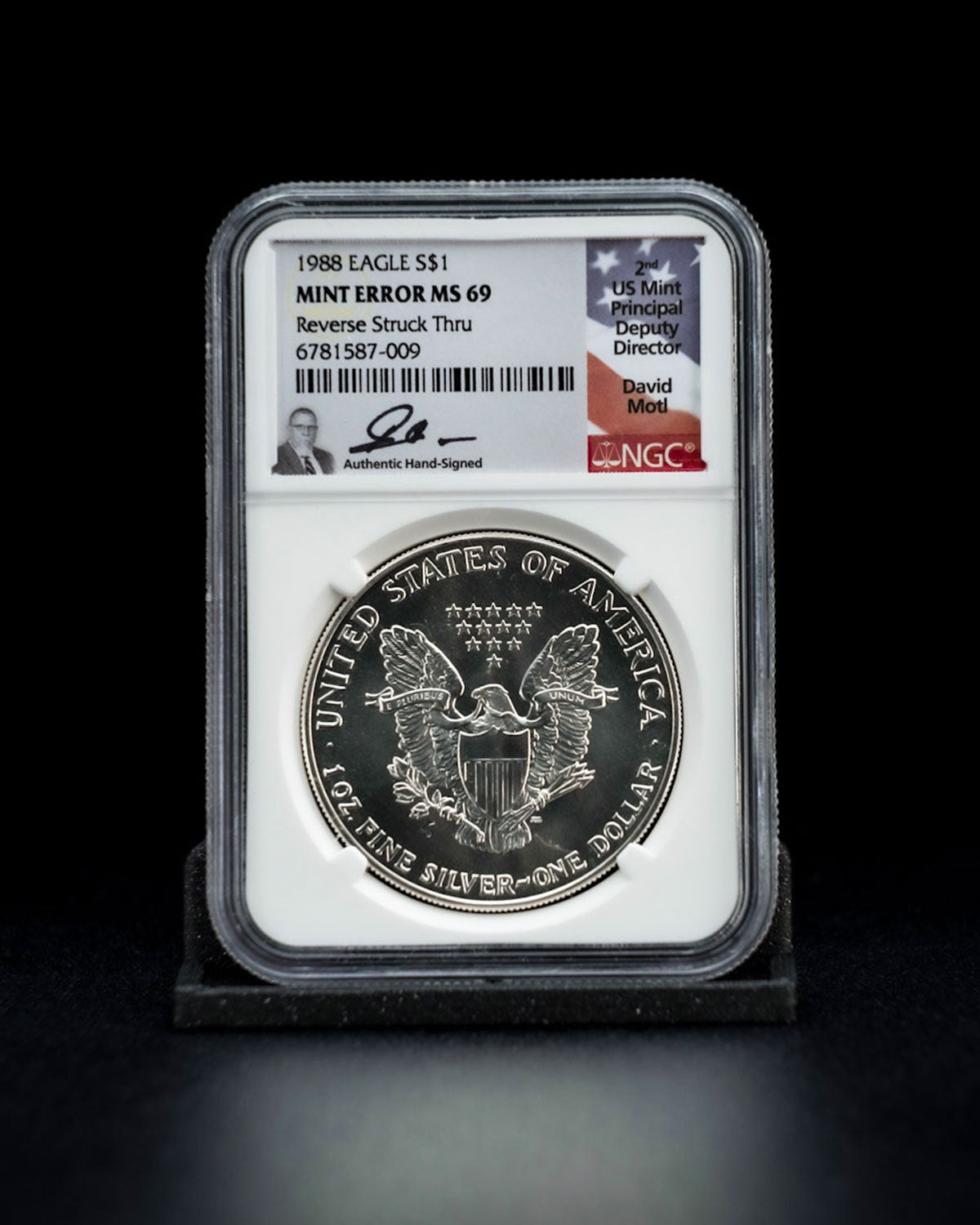 1988 S$1 Eagle | Mint Error MS69 Reverse Struck | David Motl Autographed