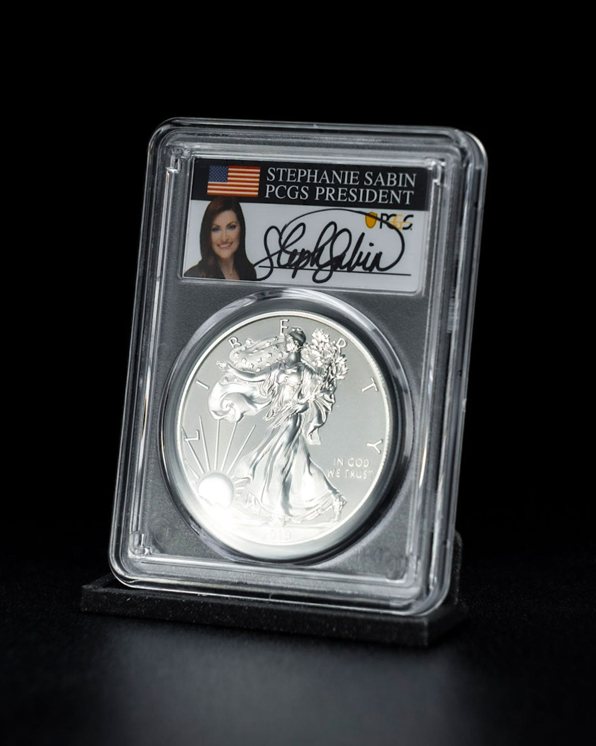 2019 "S" $1 Silver Eagle | Enhanced Reverse First Day of Issue Baltimore PR70 PCGS | Stephanie Sabin Autographed