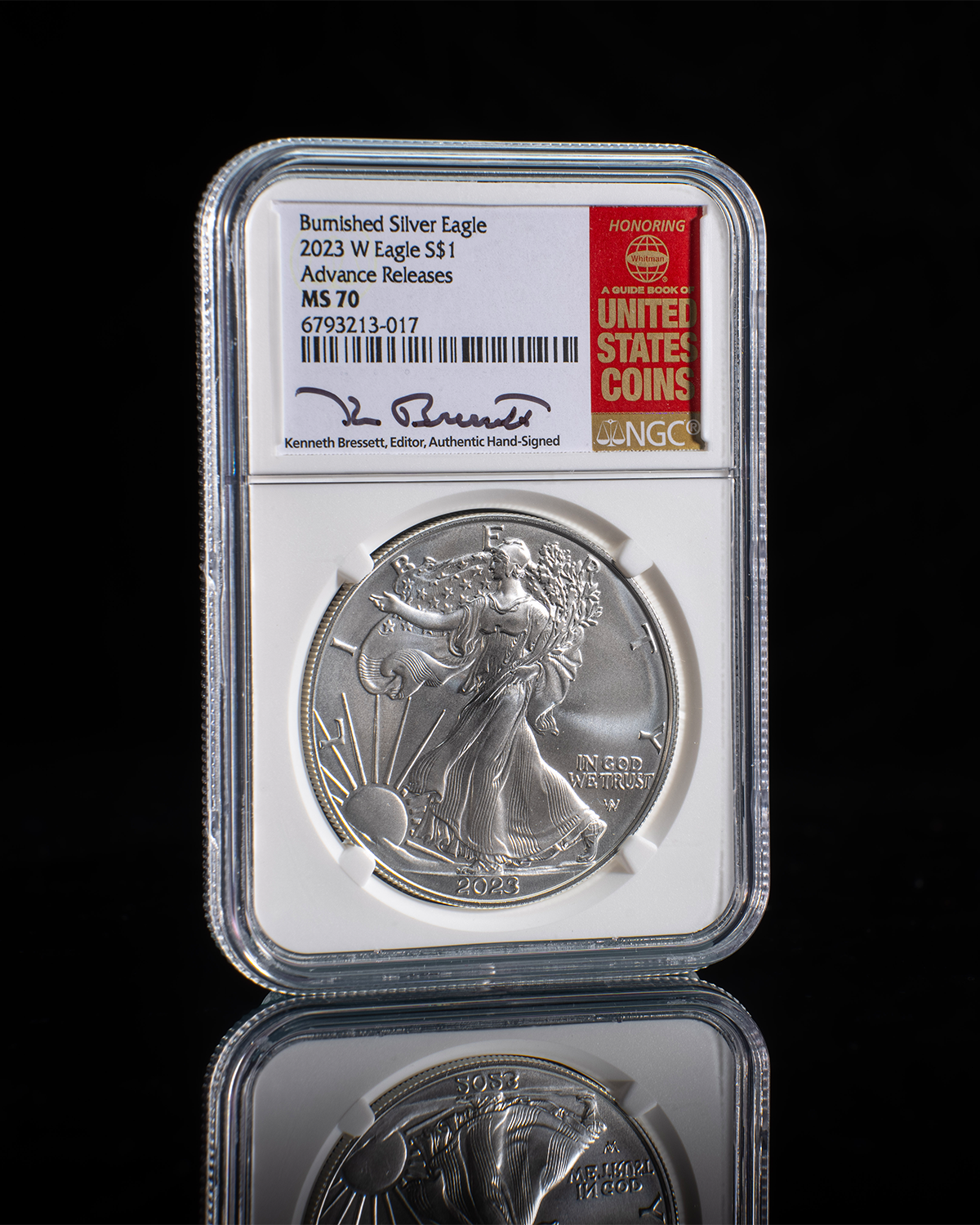 2023 Burnished Silver Eagle | Advanced Release SP70 NGC | Kenneth Bressett Autographed