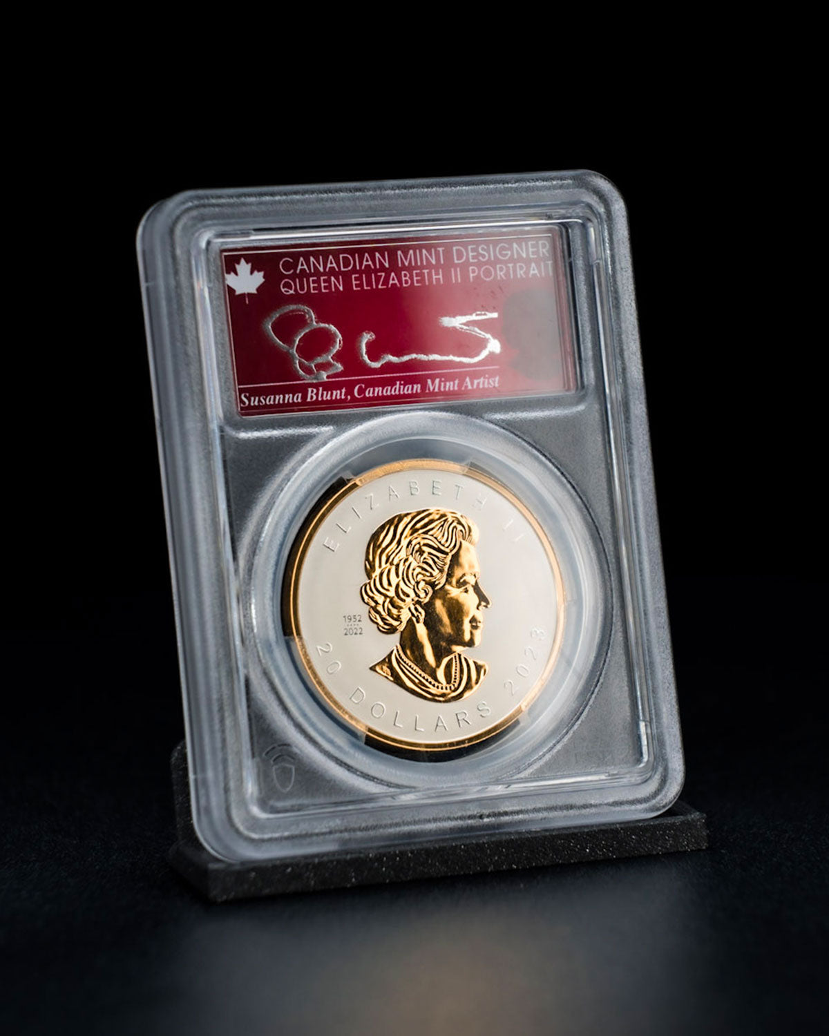2023 $20 Canada Gilted Maple Leaf High Relief | First Day of Issue PCGS REV PR70 | Susanna Blunt Autographed